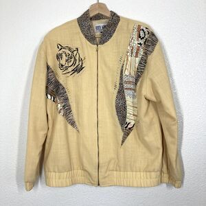 City Girl By Nancy Bolen Jacket Womens 10 Beige Tiger Leopard Print Bomber USA